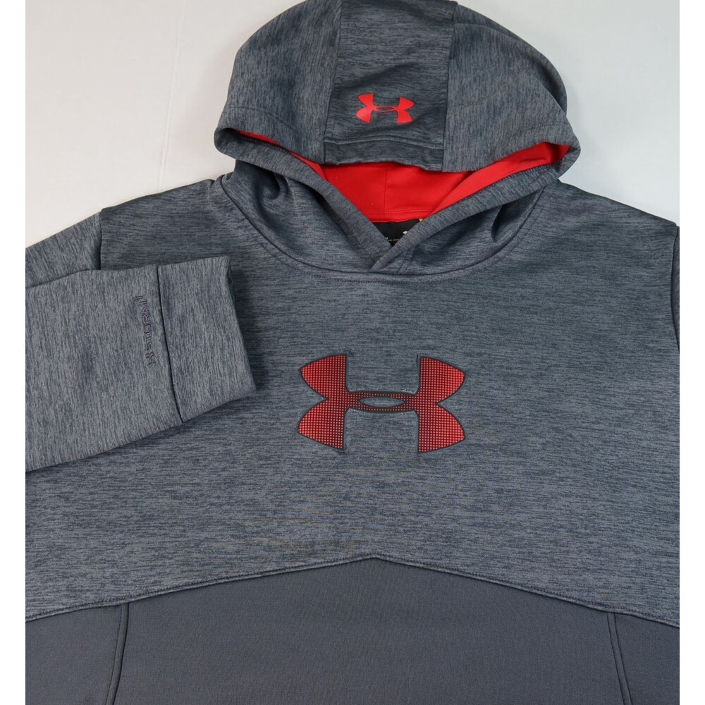 Under Armour Storm Hoodie Fleece Sweatshirt Men's Large Heather Gray Red Logo